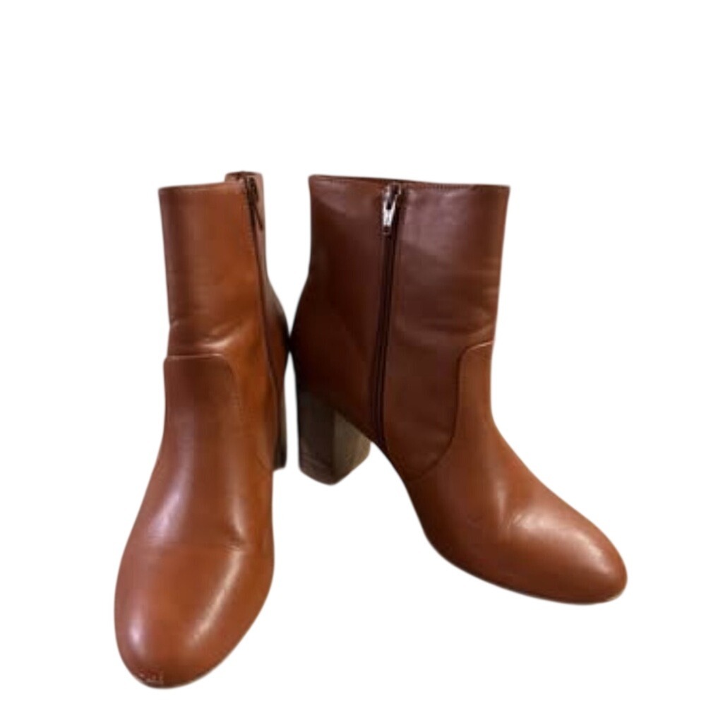 Cognac Brown Faux Leather Block Heel Ankle Boots Almond Toe Size 9